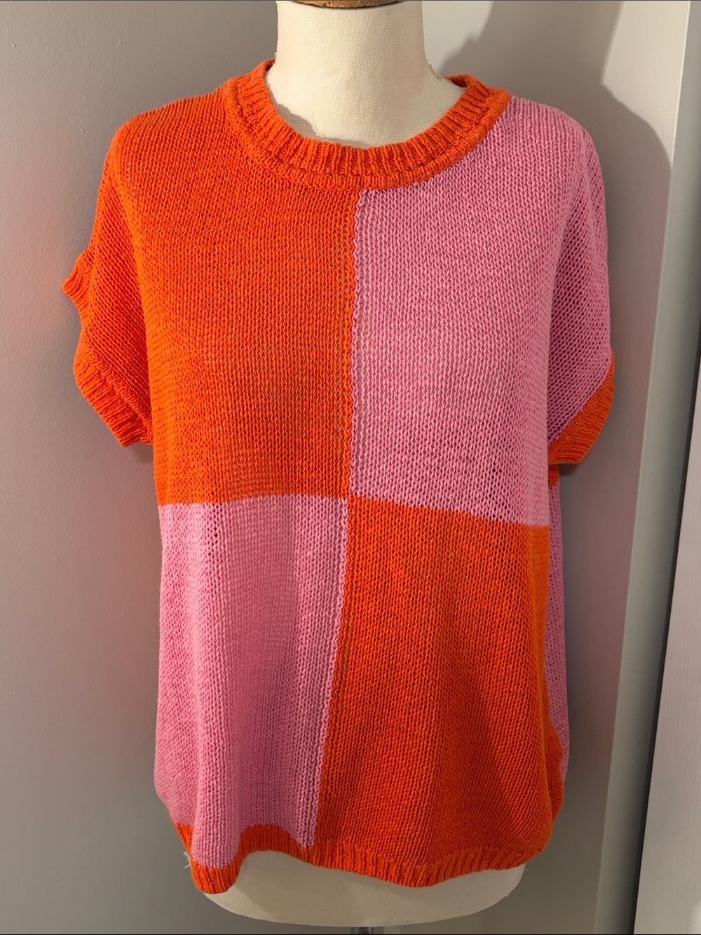 Marimekko Orange Pink Colorblock Knit Short Sleeve Sweater Top Size Large